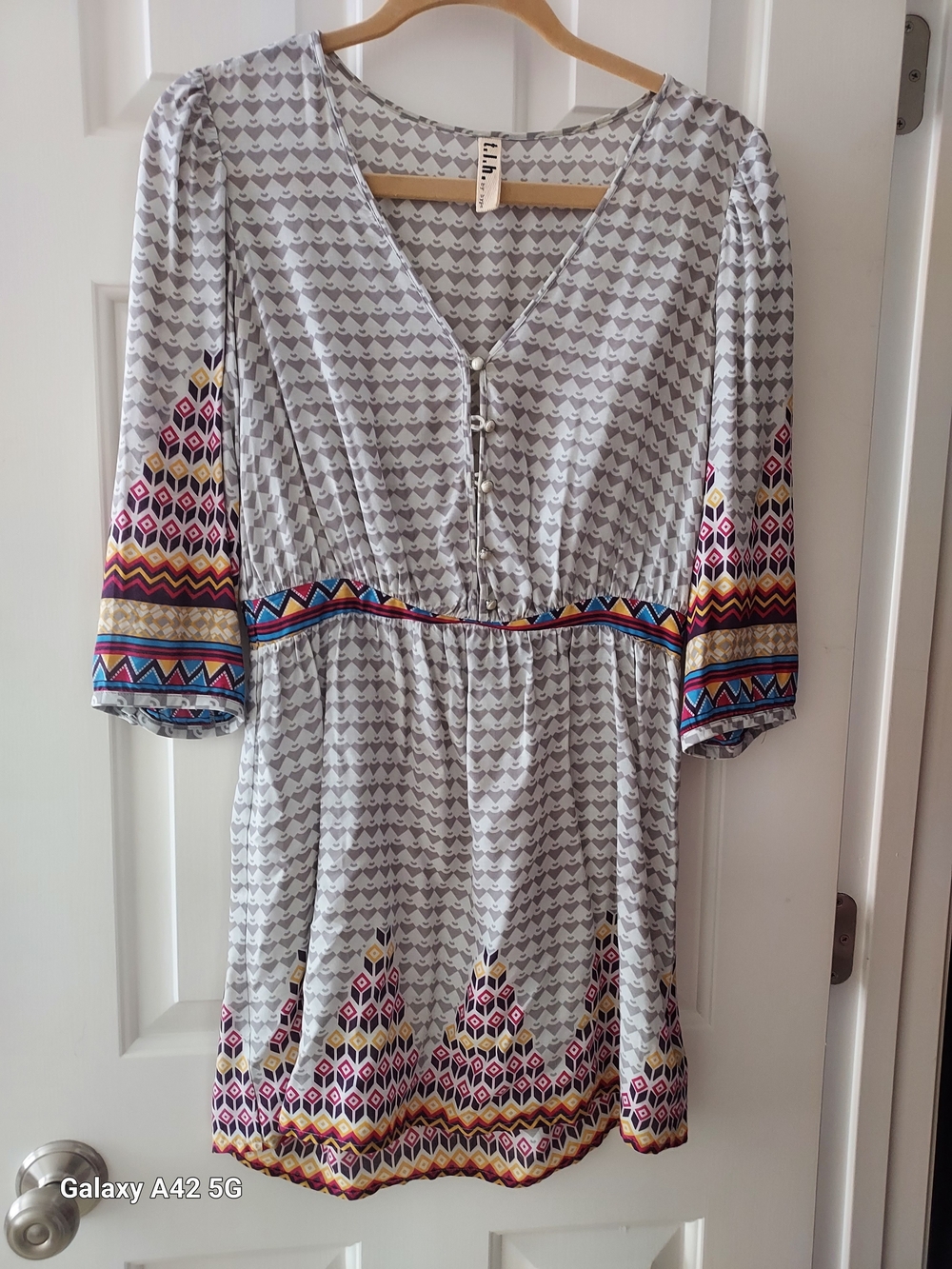 Gray Patterned Women's Dress with Multicolor Border